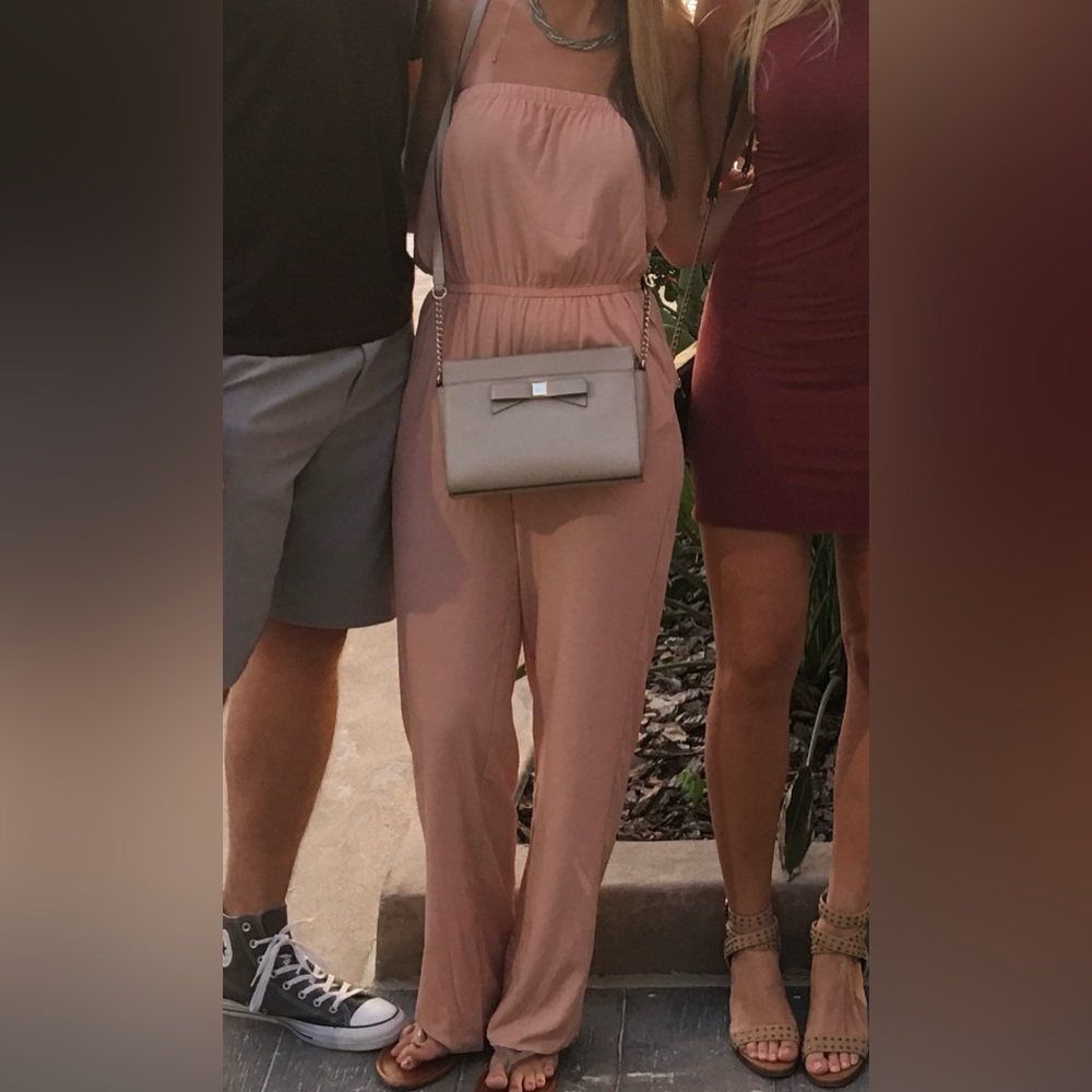 Forever 21 Pink Strapless Jumpsuit with Draped Neckline and Wide-Leg Pants
